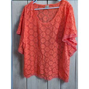 JM Collection Crocheted Shirt Plus Size 2X Coral Lace Top Blouse Cover Sheer